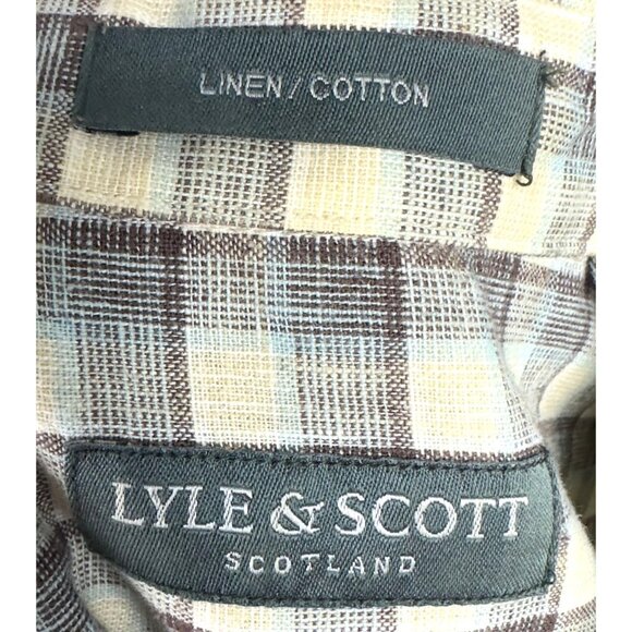 Lyle & Scott Casual Shirt Men's L Checkered Linen Cotton Blue Beige Short Sleeve - Picture 5 of 7